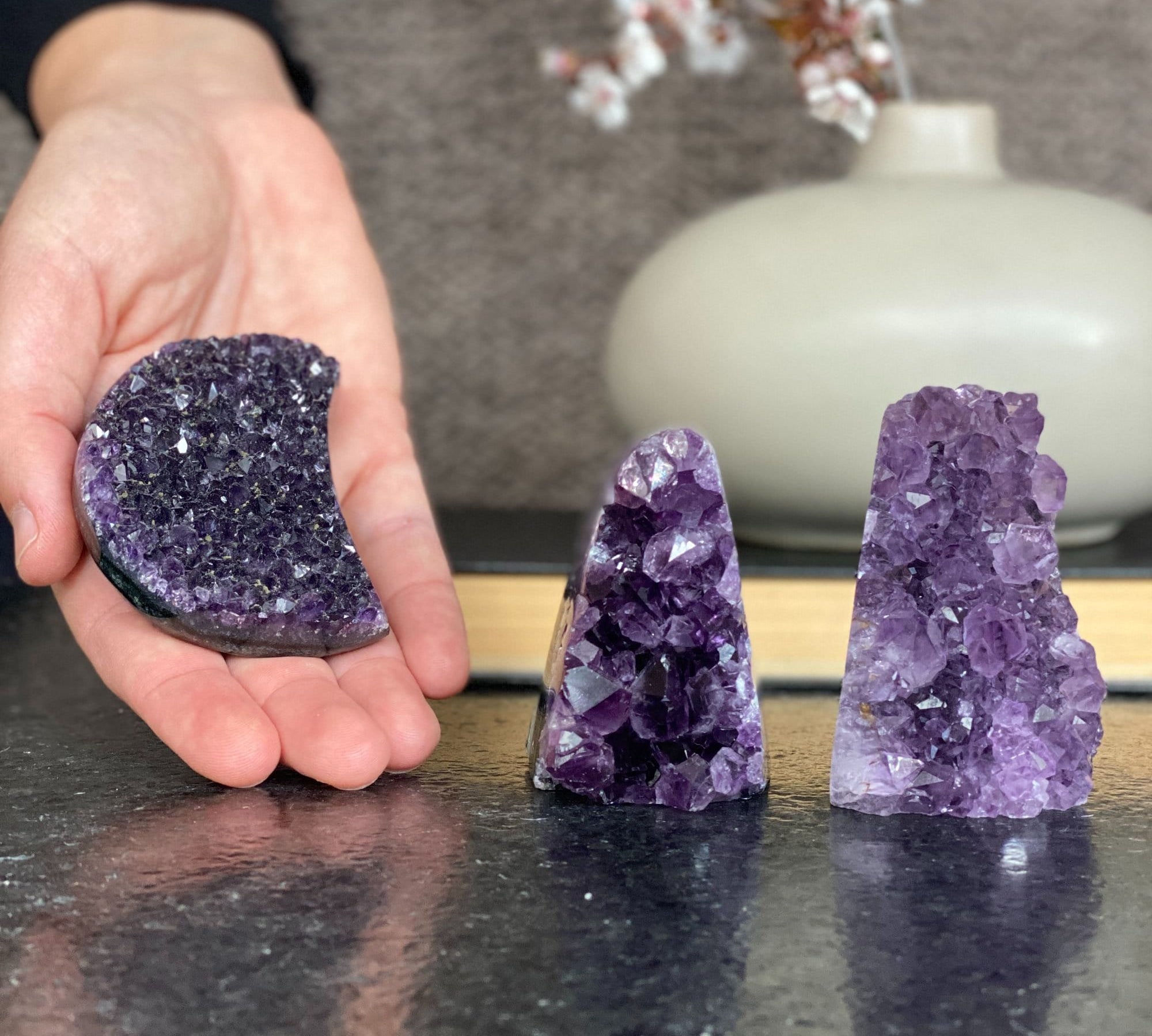 Deep Purple amethyst set (3 pieces), amethysts geodes and Moon, healing crystals
