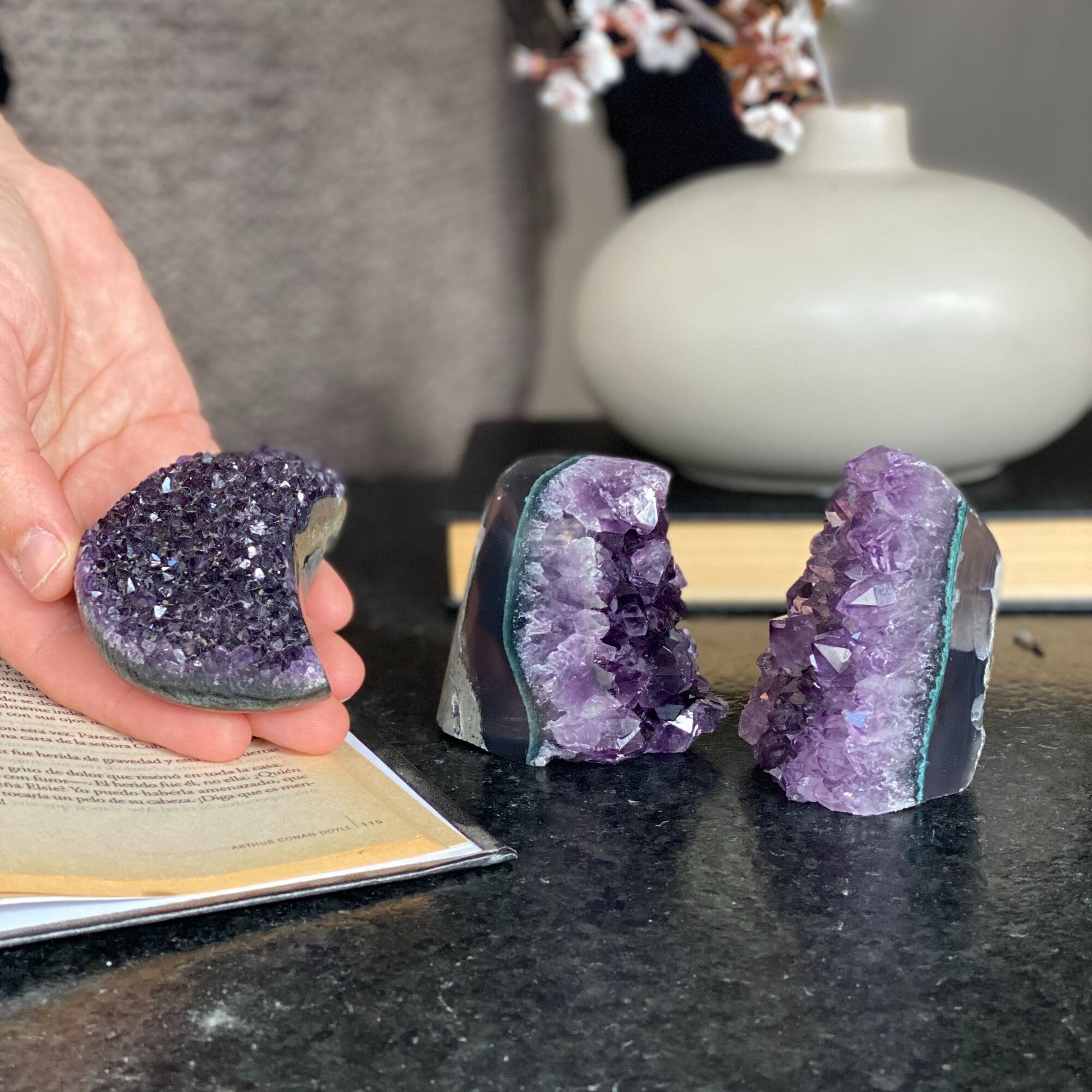 Deep Purple amethyst set (3 pieces), amethysts geodes and Moon, healing crystals