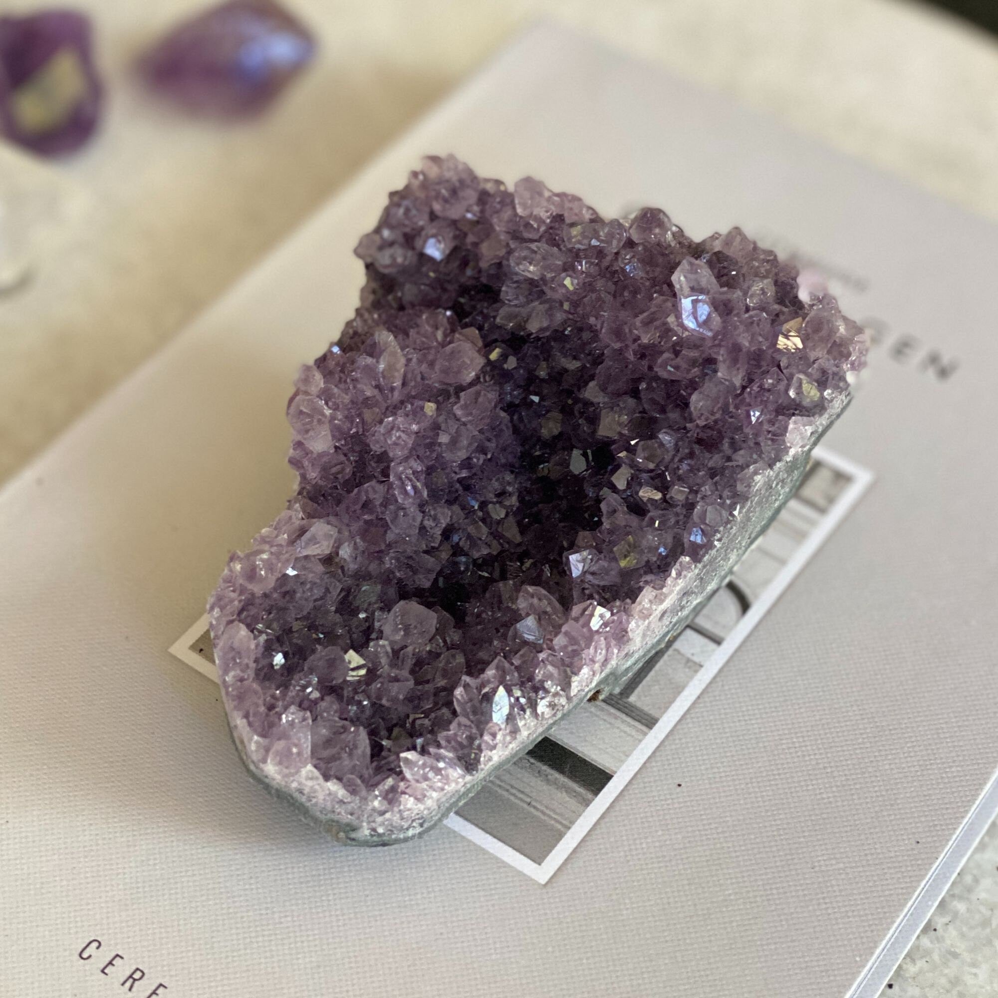 Flat amethyst raw purple crystal cluster