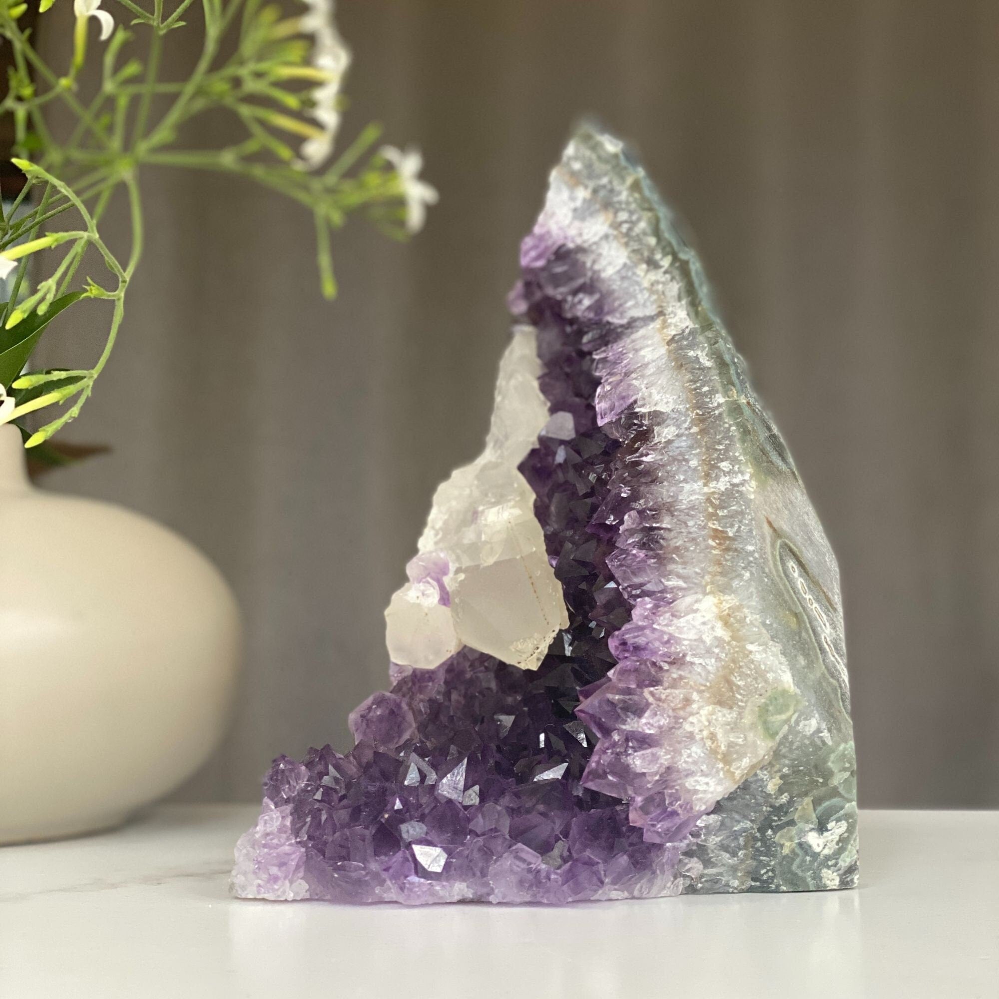 Amethyst with calcite, amethyst cathedral with calcite formations