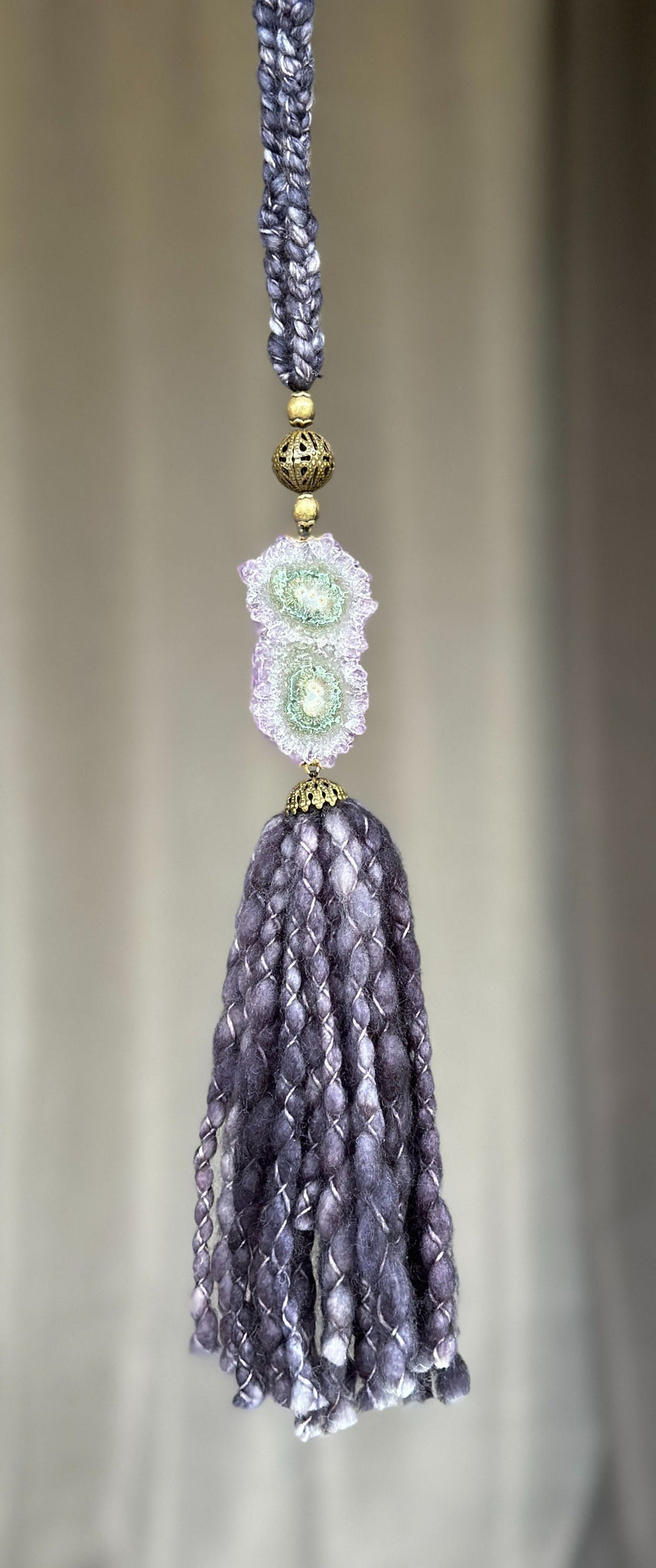 Curtains Tie Back with Amethyst Crystal and Merino Wool Tassels, Garland with Stalactite Stone, window curtains holder, Natural Wall Hanging