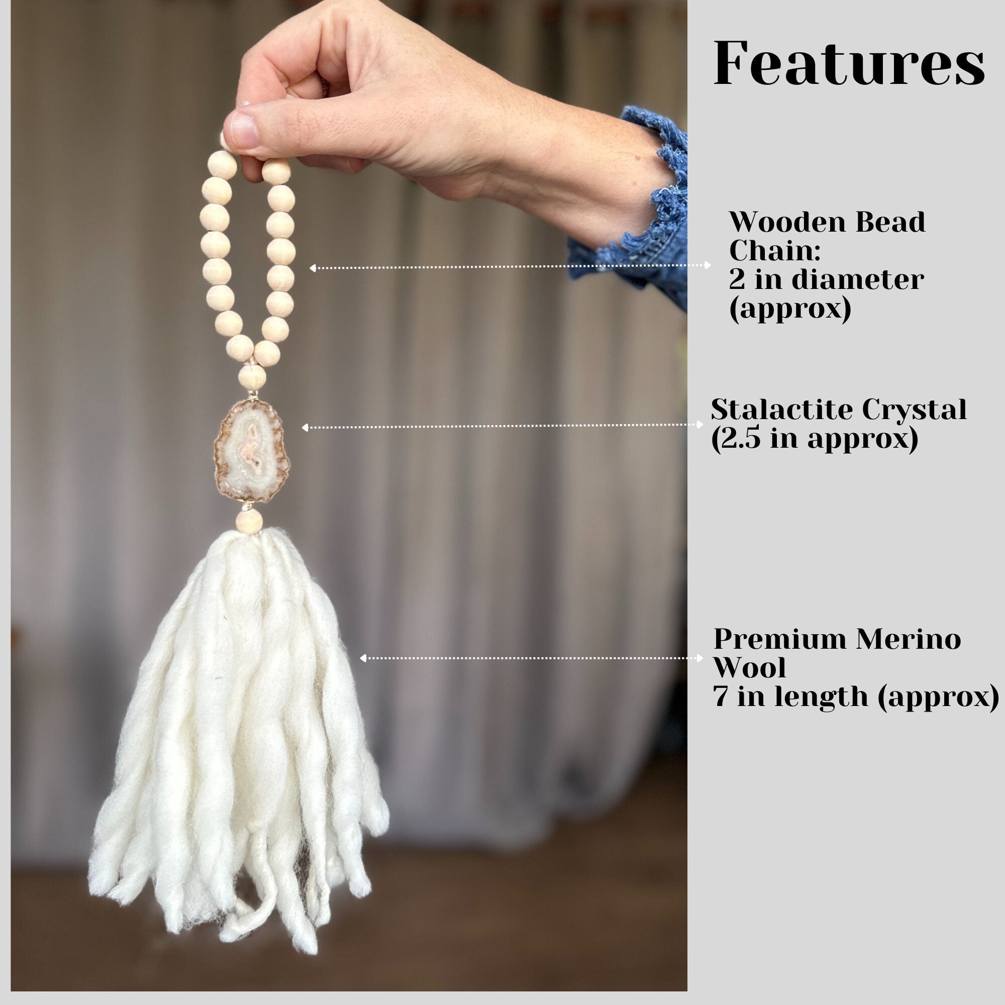 Beaded Garland with Tassels made from Merino Wool and Stalactite Crystal, One of a kind decor piece, Boho Beads for Coffee Table