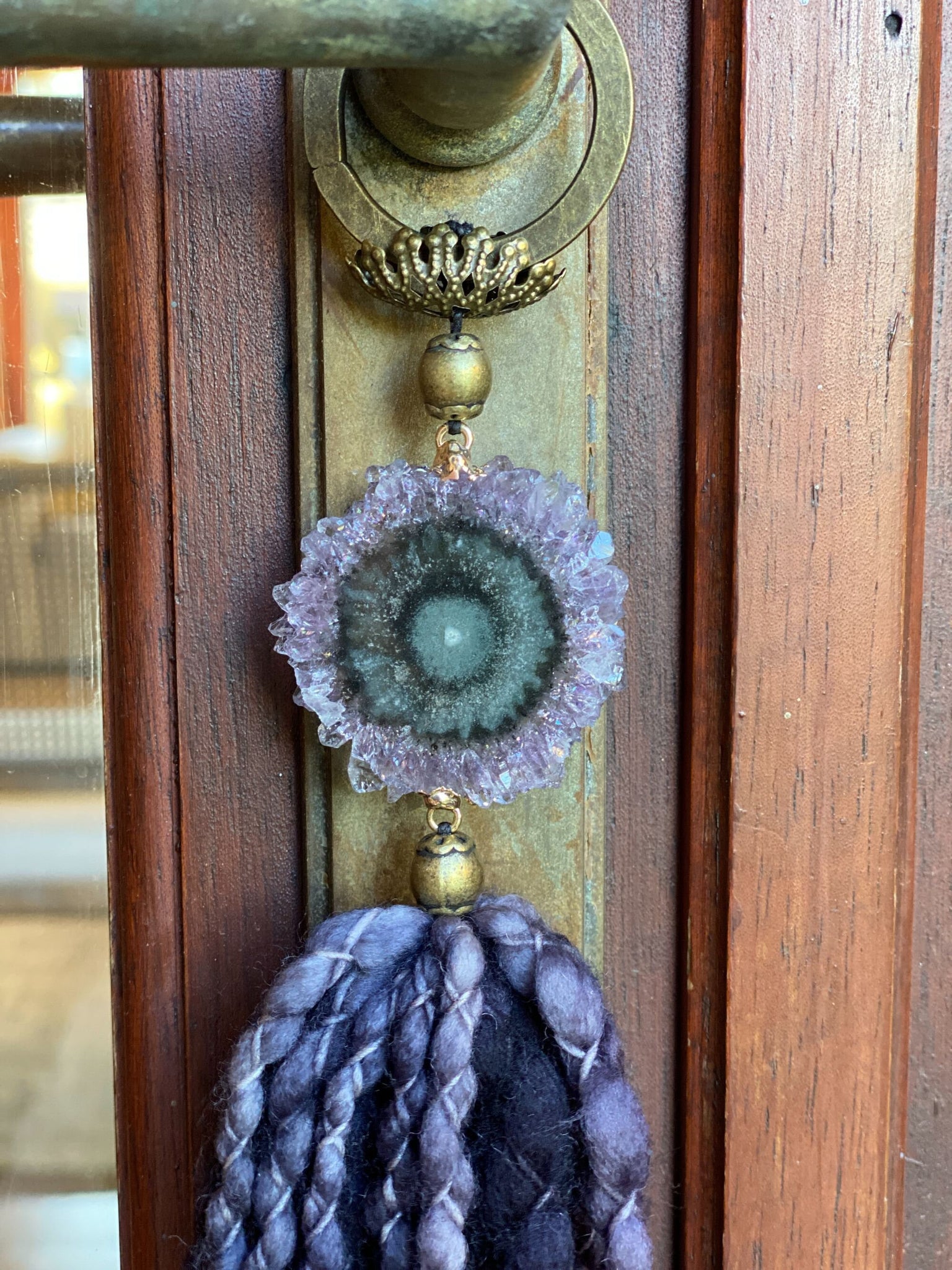 Amethyst Stalactite and Merino Wool Garland, Door knob tassel, Wall Hanging, multiple uses crystal gift